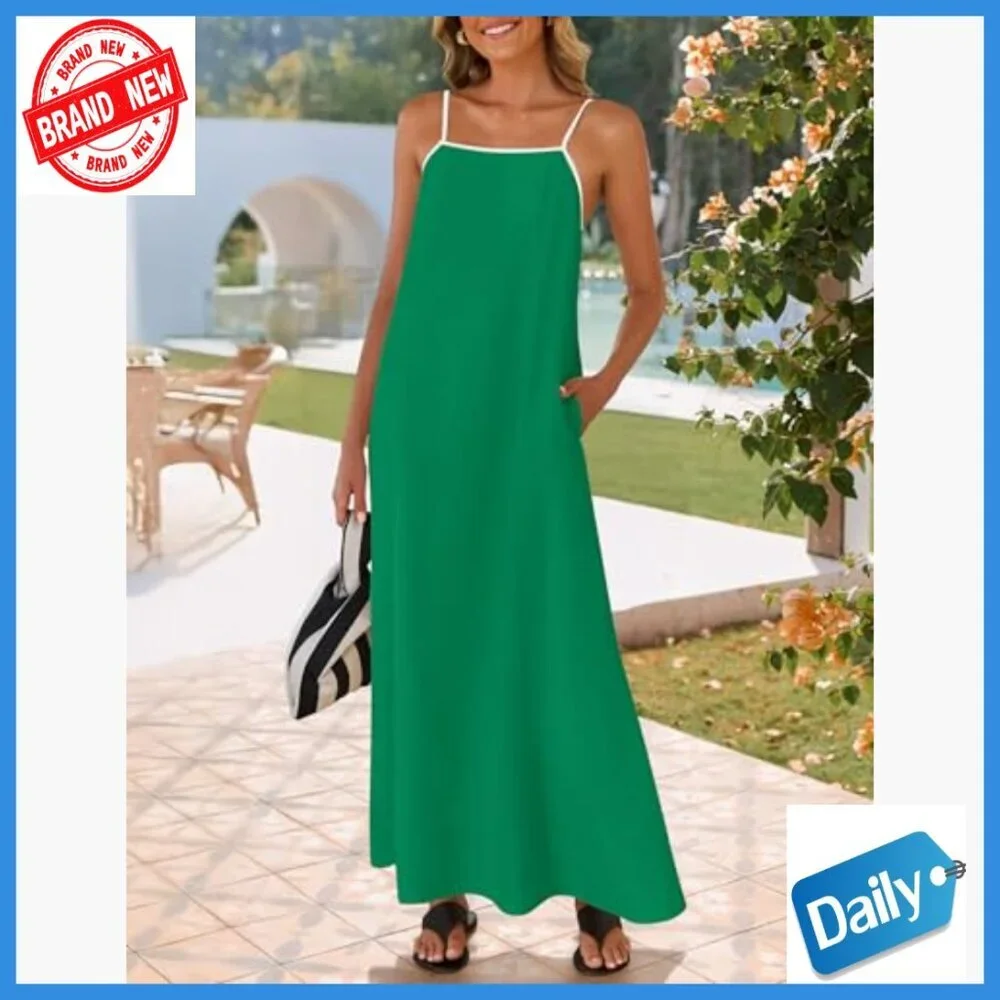 Sleeveless Maxi Dress Spaghetti Straps Square Neck Backless Loose Fit